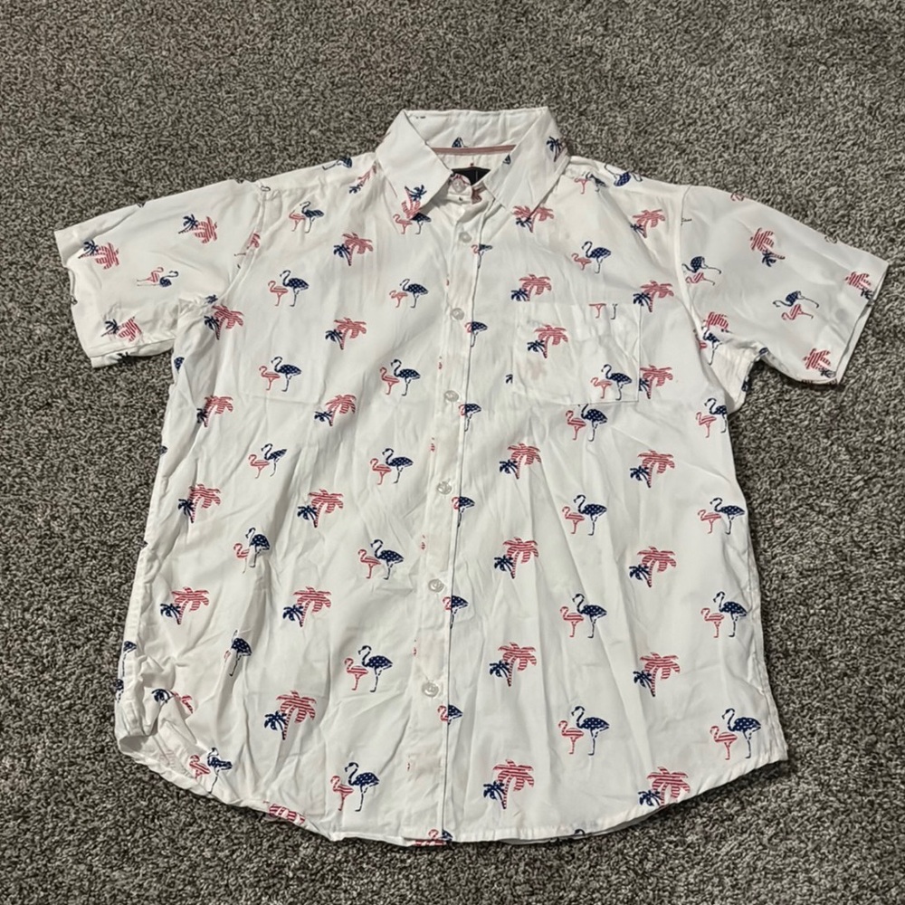 Rugby University Stars and Stripes Flamingo Print Men’s Button Down Shirt Medium